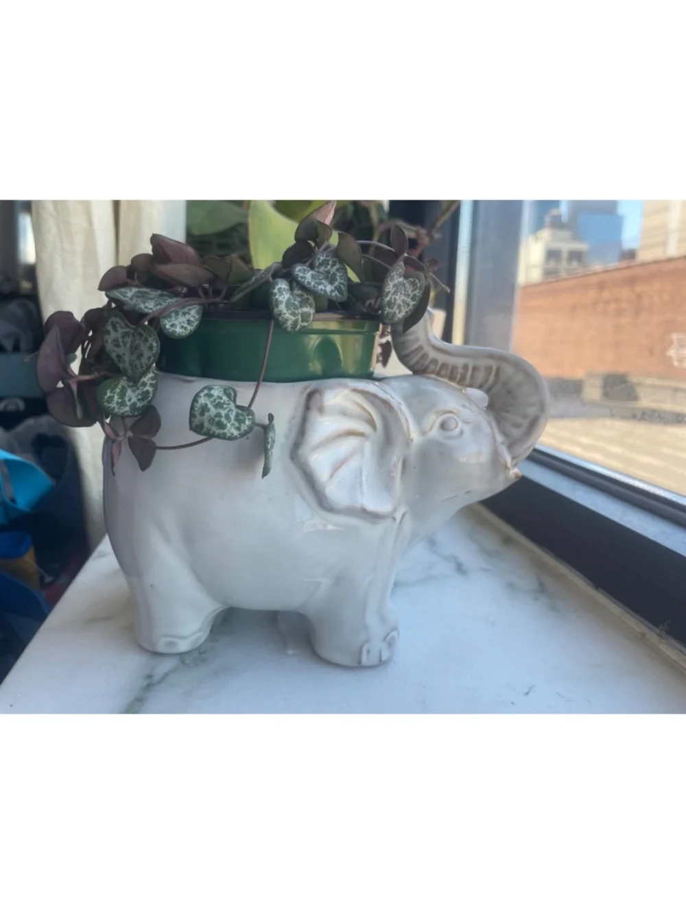 McCoy USA Antique Elephant Texted Green Planter With Dish Vase Flower Pot